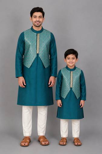 Teal blue woven cotton silk father son kurta combo set