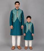 Teal blue woven cotton silk father son kurta combo set