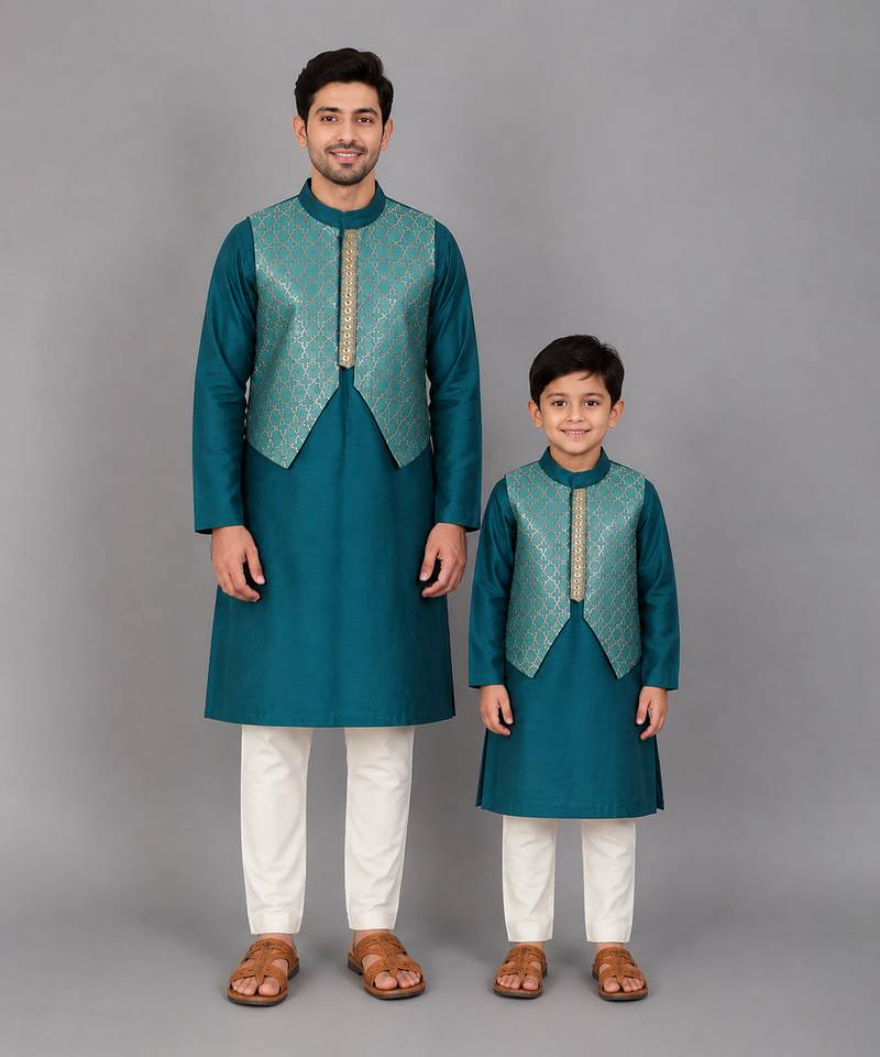 Teal blue woven cotton silk father son kurta combo set