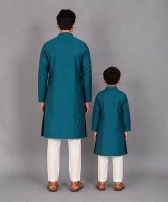 Teal blue woven cotton silk father son kurta combo set 2