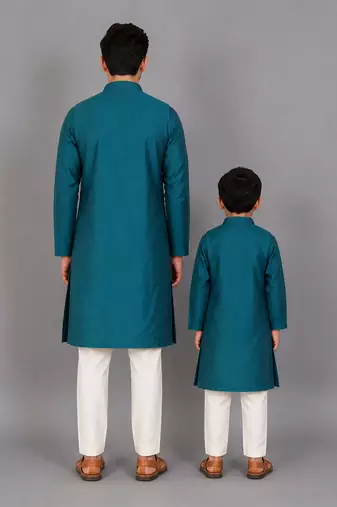 Teal blue woven cotton silk father son kurta combo set