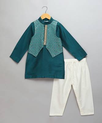 Teal blue woven cotton silk father son kurta combo set 3