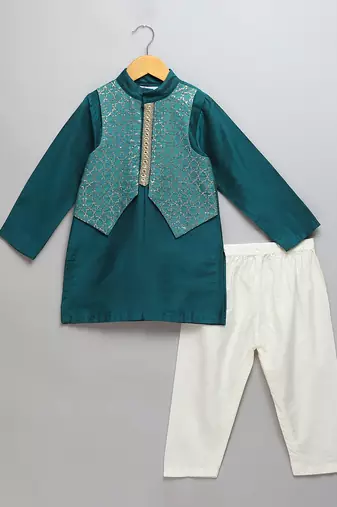 Teal blue woven cotton silk father son kurta combo set