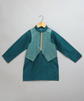 Teal blue woven cotton silk father son kurta combo set 4