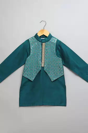 Teal blue woven cotton silk father son kurta combo set