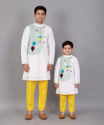 White kite printed cotton silk father son kurta combo set 1