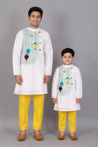 White kite printed cotton silk father son kurta combo set