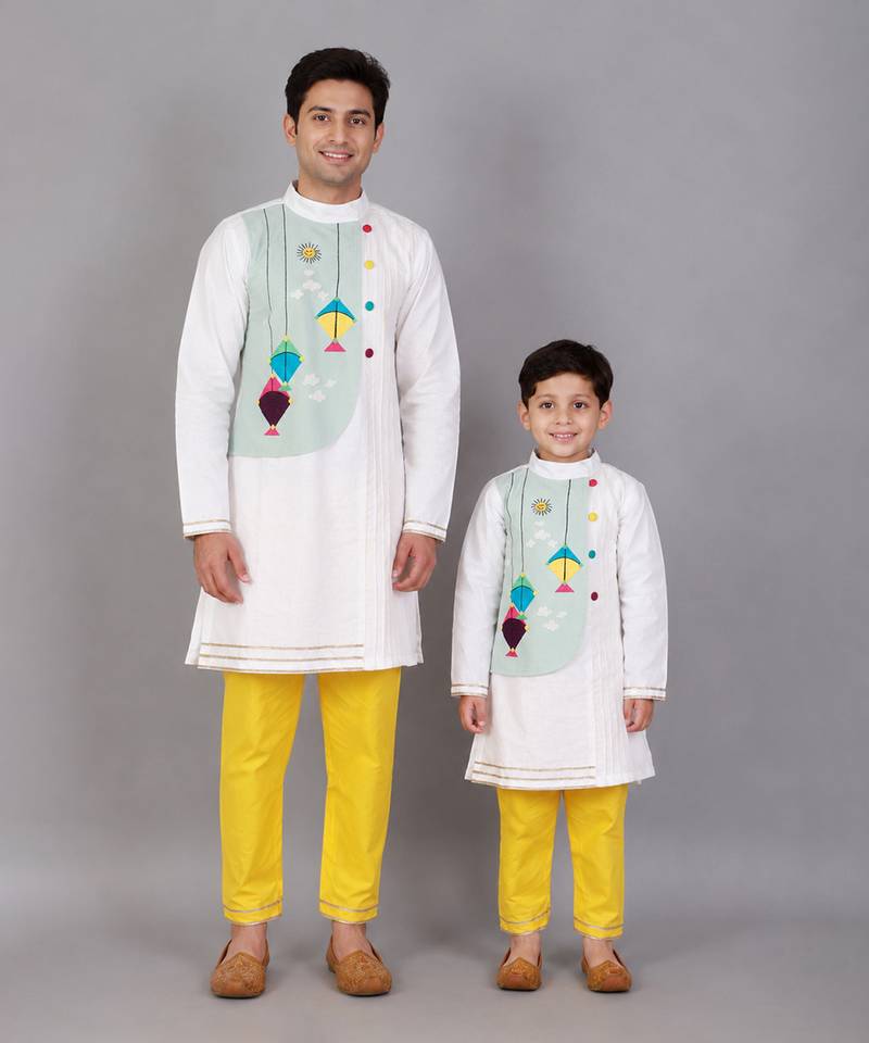 White kite printed cotton silk father son kurta combo set