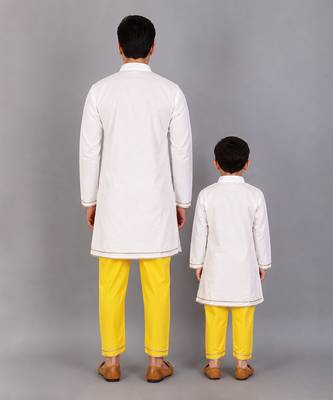White kite printed cotton silk father son kurta combo set 2