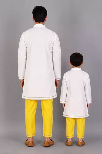White kite printed cotton silk father son kurta combo set