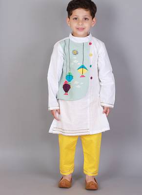 White kite printed cotton silk father son kurta combo set 3