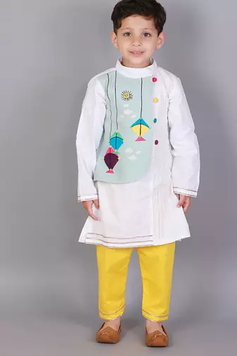 White kite printed cotton silk father son kurta combo set