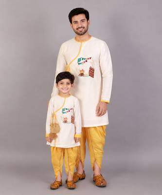 Off white printed cotton silk father son kurta combo set 1