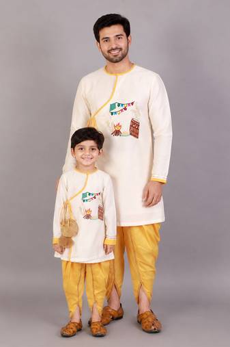 Off white printed cotton silk father son kurta combo set