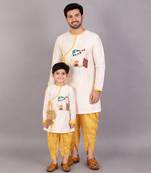 Off white printed cotton silk father son kurta combo set