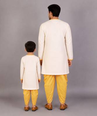 Off white printed cotton silk father son kurta combo set 2