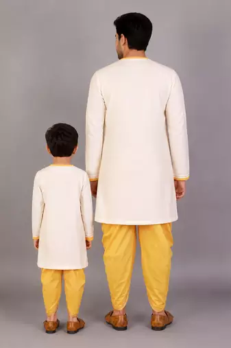 Off white printed cotton silk father son kurta combo set