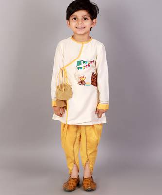 Off white printed cotton silk father son kurta combo set 3
