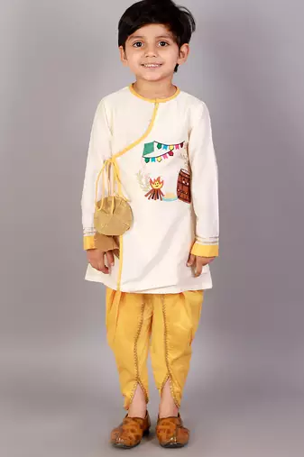 Off white printed cotton silk father son kurta combo set