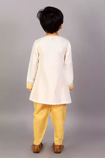 Off white printed cotton silk father son kurta combo set