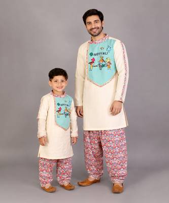 Off white sky blue embroidered cotton father son kurta combo set 1