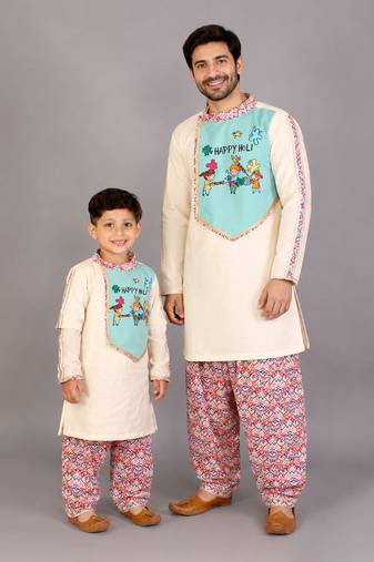 Off white sky blue embroidered cotton father son kurta combo set