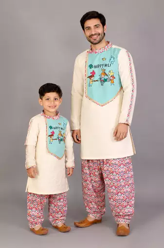 Off white sky blue embroidered cotton father son kurta combo set