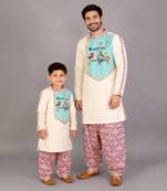 Off white sky blue embroidered cotton father son kurta combo set