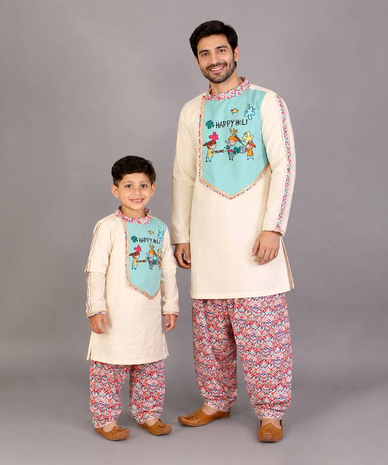 Off white sky blue embroidered cotton father son kurta combo set