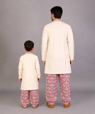Off white sky blue embroidered cotton father son kurta combo set 2