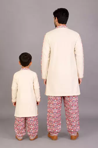Off white sky blue embroidered cotton father son kurta combo set