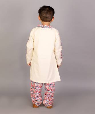 Off white sky blue embroidered cotton father son kurta combo set 3