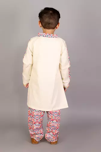 Off white sky blue embroidered cotton father son kurta combo set