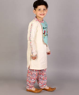 Off white sky blue embroidered cotton father son kurta combo set 4