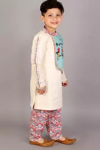 Off white sky blue embroidered cotton father son kurta combo set