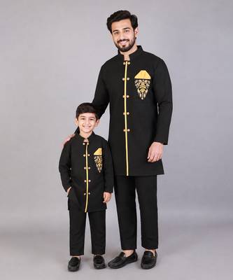 Black embroidered cotton silk father son bandhgala combo set 1