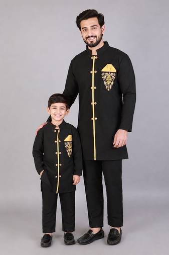 Black embroidered cotton silk father son bandhgala combo set