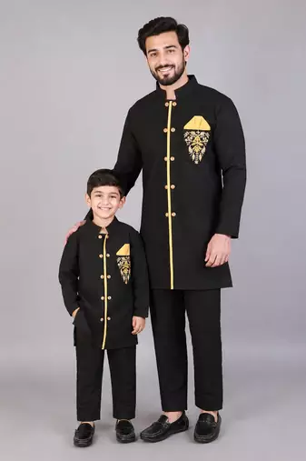 Black embroidered cotton silk father son bandhgala combo set