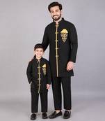 Black embroidered cotton silk father son bandhgala combo set