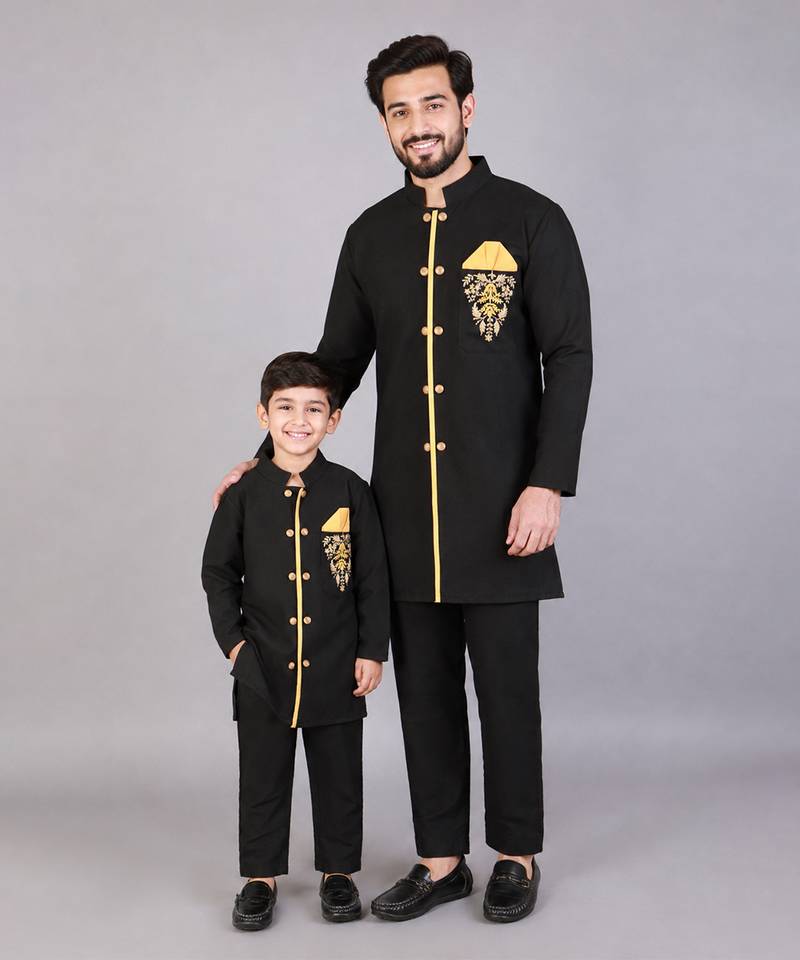 Black embroidered cotton silk father son bandhgala combo set