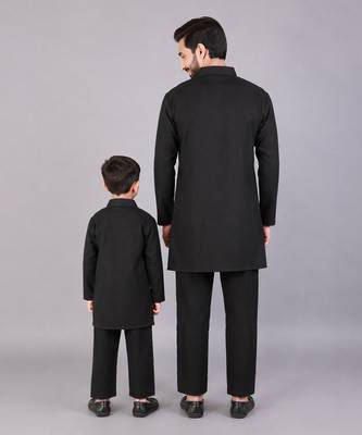 Black embroidered cotton silk father son bandhgala combo set 2