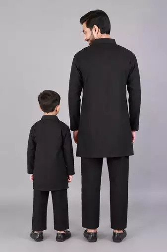 Black embroidered cotton silk father son bandhgala combo set