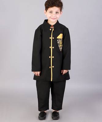 Black embroidered cotton silk father son bandhgala combo set 3