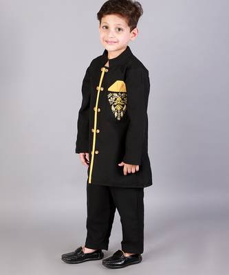 Black embroidered cotton silk father son bandhgala combo set 4