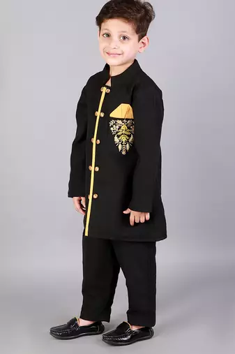 Black embroidered cotton silk father son bandhgala combo set