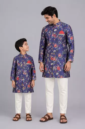 Purple printed cotton silk father son kurta combo set