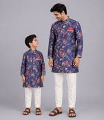 Purple printed cotton silk father son kurta combo set