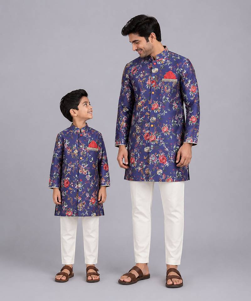 Purple printed cotton silk father son kurta combo set