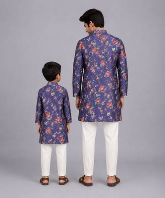 Purple printed cotton silk father son kurta combo set 2