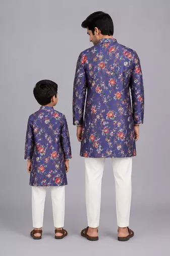 Purple printed cotton silk father son kurta combo set